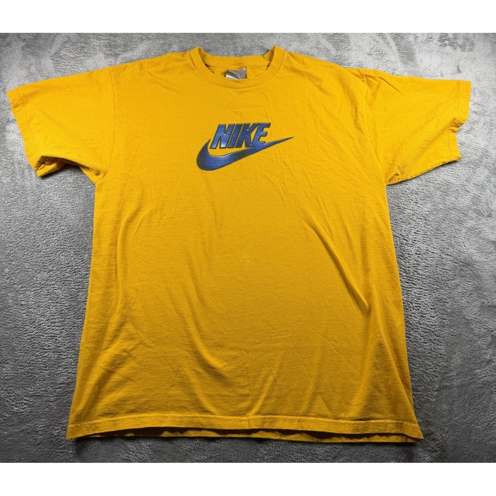 Vintage Nike T-Shirt Mens L Yellow Blue Swoosh Graphic Short Sleeve Crewneck